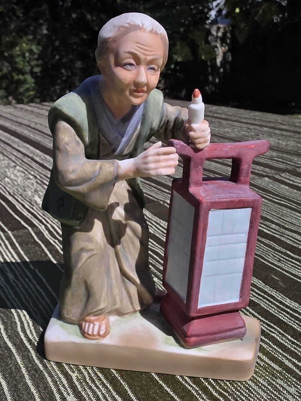 Vintage Japanese Hakata Urasaki Ceramic Figurine Old Woman Lantern 1950s